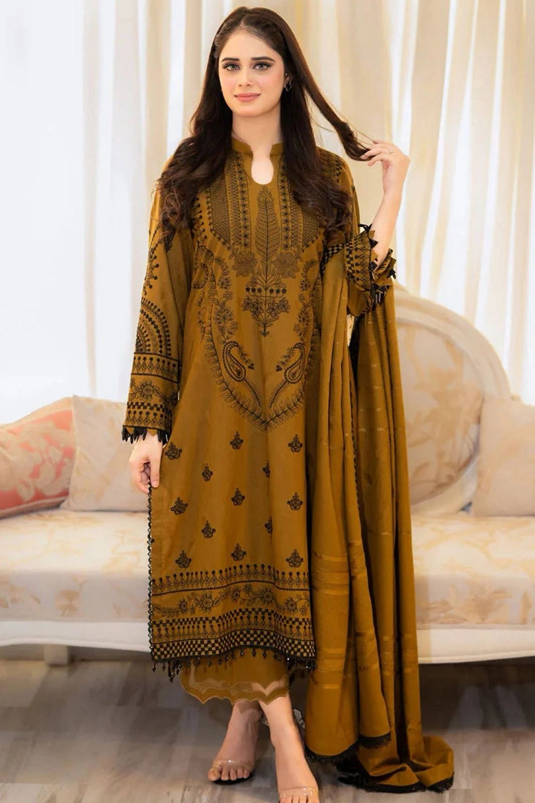 LAWN embedded MEHNDI 3 Piece. D#001